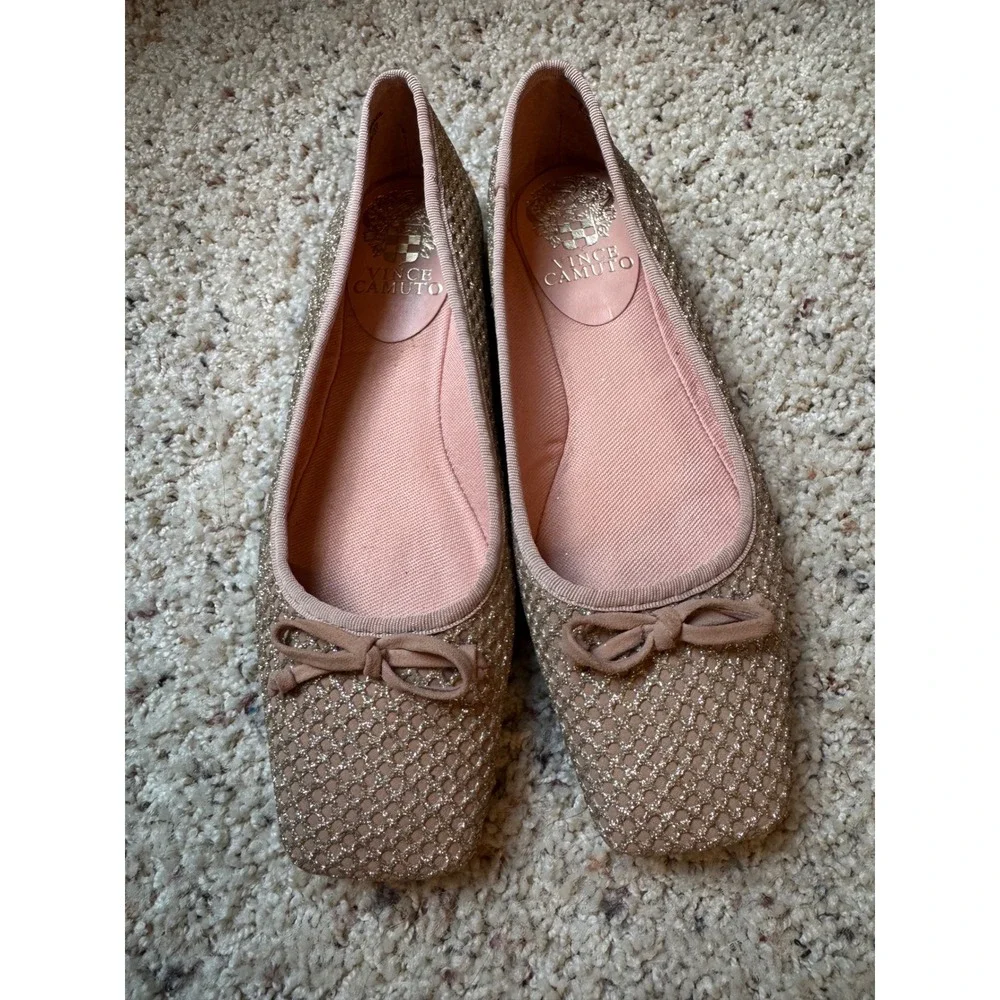 Vince Camuto Womens Glitter Mesh Square Toe Ballet Flats Rose Gold Bow Size 6.5M